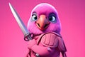 Petfluencers - The Parrot\'s Ninja Stance: A Long-Awaited Dream Fulfilled on Pink Background