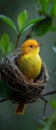 Ai photo Baya Weaver,Asian Golden Weaver,Wren Looking for pieces of grass, leaves, pieces of rice to weave to make a nest, a bird