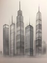 AI photo of a pencil sketch of some buildings on white paper.