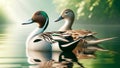Northern Pintail Elegant Ducks Colorful Plumage Swimming Marsh Waterfowl Springtime Morning Sunrise AI Generated