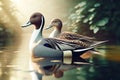 Regal Elegant Northern Pintail Ducks Colorful Plumage Swimming Marsh Waterfowl Springtime Morning Sunrise AI Generated