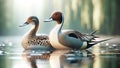 Regal Elegant Northern Pintail Ducks Colorful Plumage Swimming Marsh Waterfowl Springtime Morning Sunrise AI Generated
