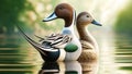 Regal Elegant Northern Pintail Ducks Colorful Plumage Swimming Marsh Waterfowl Springtime Morning Sunrise AI Generated