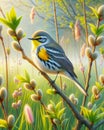 A Single Yellow Rumped Warbler Perched Marsh Bulrush Springtime Morning Sunrise Small Bird AI Generated