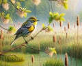 A Single Yellow Rumped Warbler Perched Marsh Bulrush Springtime Morning Sunrise Small Bird AI Generated