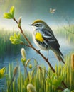 A Single Yellow Rumped Warbler Perched Marsh Bulrush Springtime Morning Sunrise Small Bird AI Generated