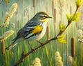 A Single Yellow Rumped Warbler Perched Marsh Bulrush Springtime Morning Sunrise Small Bird AI Generated