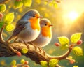 Two Cute Colorful European Robins Springtime Morning Sunrise Tree Branch Small Birds AI Generated