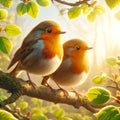 Beautiful Orange European Robins Springtime Morning Sunrise Tree Branch Small Birds AI Generated