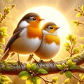 Beautiful Orange European Robins Springtime Morning Sunrise Tree Branch Small Birds AI Generated