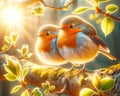 Beautiful Orange European Robins Springtime Morning Sunrise Tree Branch Small Birds AI Generated