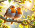 Two Cute Colorful European Robins Springtime Morning Sunrise Tree Branch Small Birds AI Generated