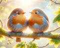 Two Cute Colorful European Robins Springtime Morning Sunrise Tree Branch Small Birds AI Generated