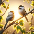 Cute Black-capped Chickadees Springtime Morning Sunrise Tree Branch Small Birds AI Generated