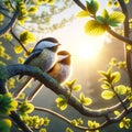 Cute Black-capped Chickadees Springtime Morning Sunrise Tree Branch Small Birds AI Generated