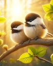 Two Fluffy Beautiful Black-capped Chickadees Springtime Morning Sunrise Tree Branch AI Generated Royalty Free Stock Photo