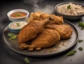 AI photo of some pieces of fried chicken in a plate. Hot and smoky. Royalty Free Stock Photo