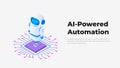 AI Powered Automation Concept Illustration. Robot on Digital Processor Chip, Machine Learning Circuit Board, Future Technology Royalty Free Stock Photo