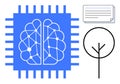 AI-Powered Brain on Microchip with Tree Diagram and Digital Files Royalty Free Stock Photo