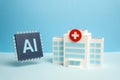 An AI-powered computer chip and a hospital. The application of artificial intelligence in medicine Royalty Free Stock Photo
