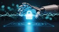 Ai powered cybersecurity protecting digital assets with advanced futuristic technology and glowing padlock Royalty Free Stock Photo