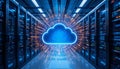 AI-powered data center featuring radiant cloud service emblem. Royalty Free Stock Photo