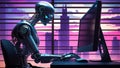 AI-Powered Future Ã¢â¬\' High-Tech Robot Using a Computer at Night Royalty Free Stock Photo