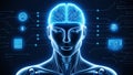 AI-powered humanoid head with neural networks processes data, artificial intelligence deciphers large data sets. Cyber mind