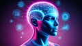 AI-powered humanoid head with neural networks processes data, artificial intelligence deciphers large data sets. Cyber mind