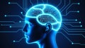 AI-powered humanoid head with neural networks processes data, artificial intelligence deciphers large data sets. Cyber mind