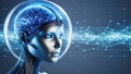 AI-powered humanoid head with neural networks processes data, artificial intelligence deciphers large data sets. Cyber mind