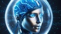 AI-powered humanoid head with neural networks processes data, artificial intelligence deciphers large data sets. Cyber mind