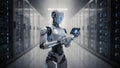 AI Powered Humanoid Robot Holding Digital Device in Server Room Representing Cloud Computing, Data Management, and Future Royalty Free Stock Photo