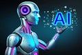 AI powered humanoid robot holding a glowing blue AI symbol, futuristic technology, artificial intelligence concept, digital tra