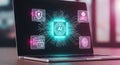 AI-Powered Laptop Displaying Artificial Intelligence and Security Features Royalty Free Stock Photo