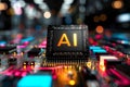 AI powered microchip with glowing circuits, showcasing technological innovation and modern electronic design in a vibrant and a