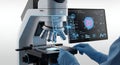 AI Powered Microscope Analyzing Sample with Gloved Hands on Isolated White Background for Medical Research and Pharmaceutical Royalty Free Stock Photo