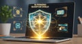AI Powered Quantum Shield on Laptop Screen for Security Royalty Free Stock Photo