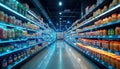 AI powered retail analytics optimizes product placement, inventory. Supermarket displays optimized food items. Smart tech