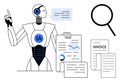 AI-powered robot analyzing data and managing invoices with charts and documents Royalty Free Stock Photo