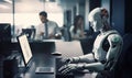 AI-powered robot is sitting at the desk in office and working on computer like human. Generative AI