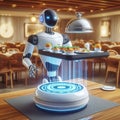 an AI-powered robotic waiter serving dishes on levitating trays, modern lifestyle.