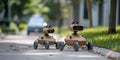 AI powered robots assisting in outdoor tasks, navigating paved path with precision