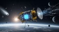 AI-powered satellite transmits data in orbit, surrounded by planets and comets Royalty Free Stock Photo