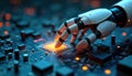 AI-powered tool assists cybersecurity pro. Robotic hand examines circuit board. AI tech identifies network vulnerabilities.