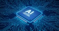 AI processor chip on blue circuit board with glowing text Royalty Free Stock Photo