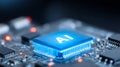 AI processor chip on a circuit board representing machine learning hardware and advanced computing power. Royalty Free Stock Photo