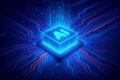 AI Processor Chip Emitting Blue Light and Data Particles on a Circuit Board Background artificial intelligence Royalty Free Stock Photo