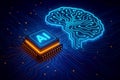 AI Processor Chip and Glowing Blue Brain Circuit Board on Dark Background artificial intelligence microchip Royalty Free Stock Photo
