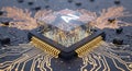 AI Processor Chip Golden Electronic Circuitry and Neural Network Conceptual Visualization of Artificial Intelligence Royalty Free Stock Photo